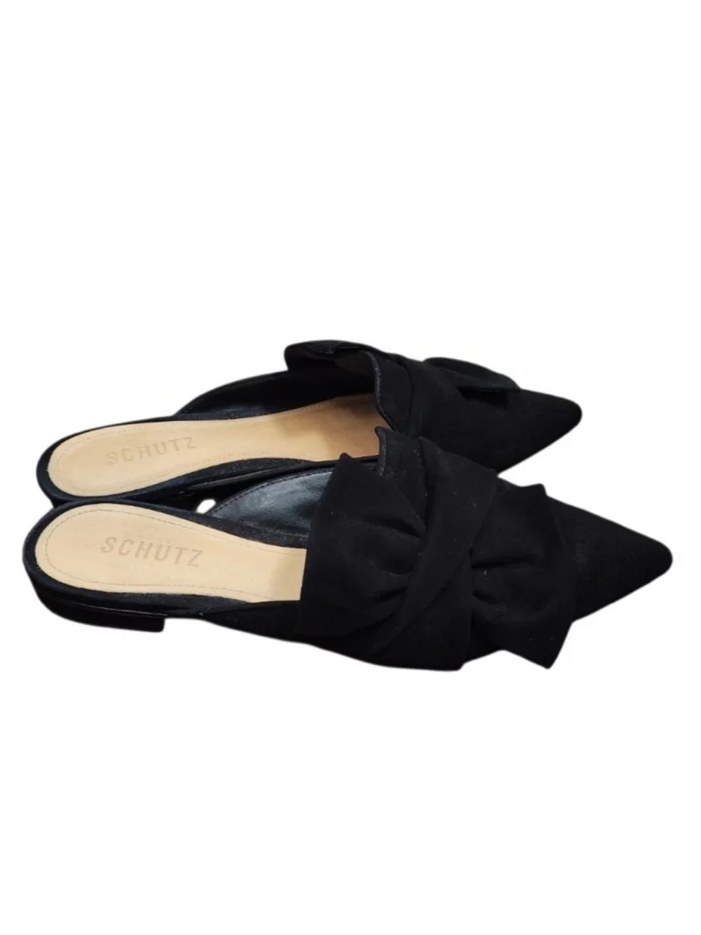 Schutz Black Suede Bow Pointed Toe Mule Flats Women’s Size 8.5B Leather
